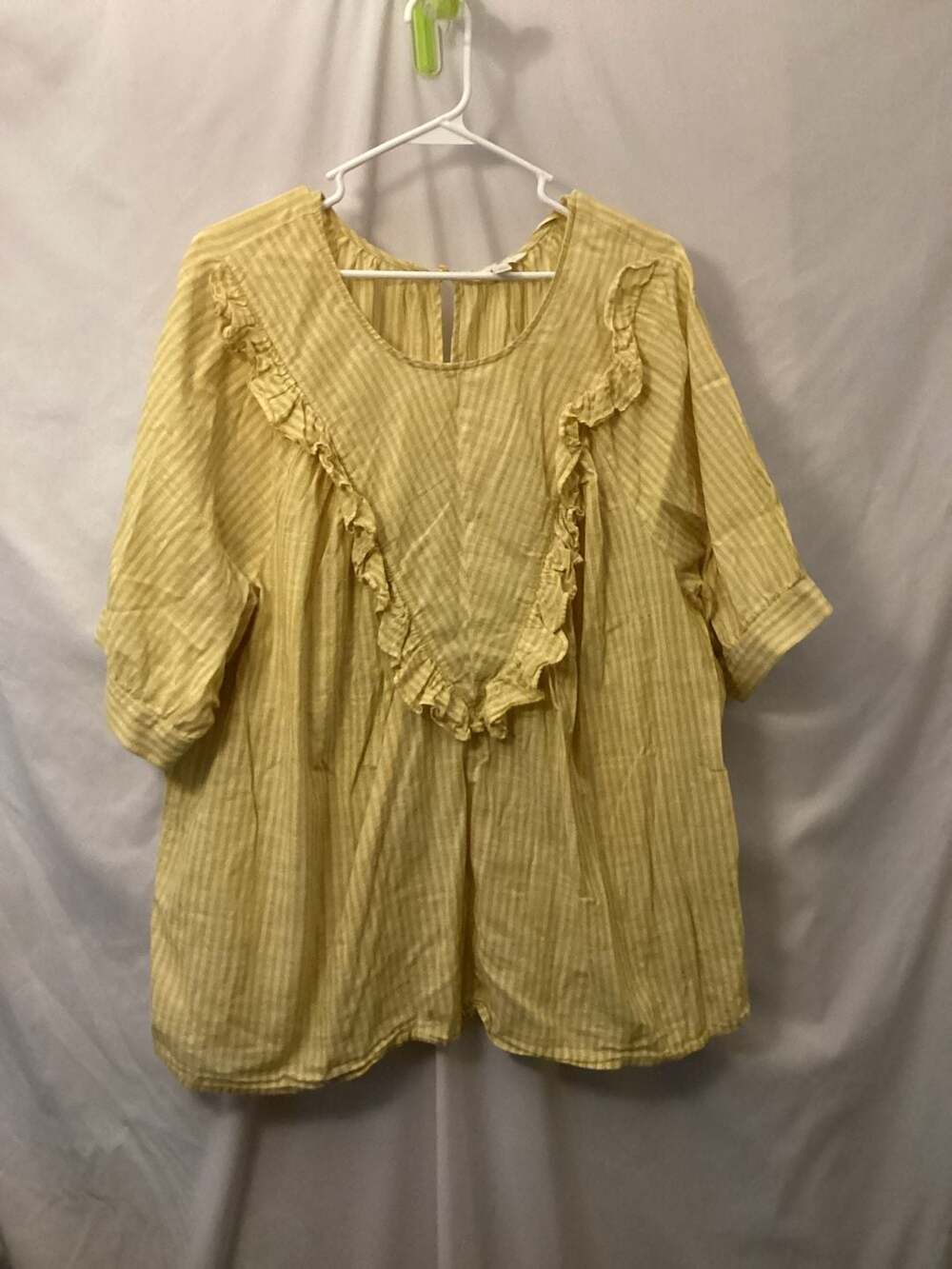Terra & Sky Women's Plus Size Yellow Striped Woven Blouse with Ruffle Detail